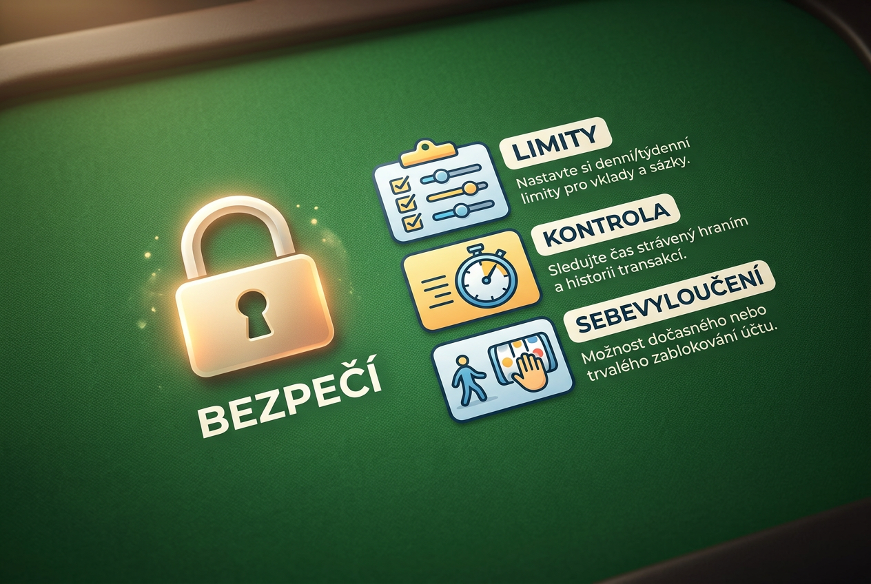 Infografika s klíčovými prvky bezpečného hraní obsahující symboly zámku a checklistu s českými popisky